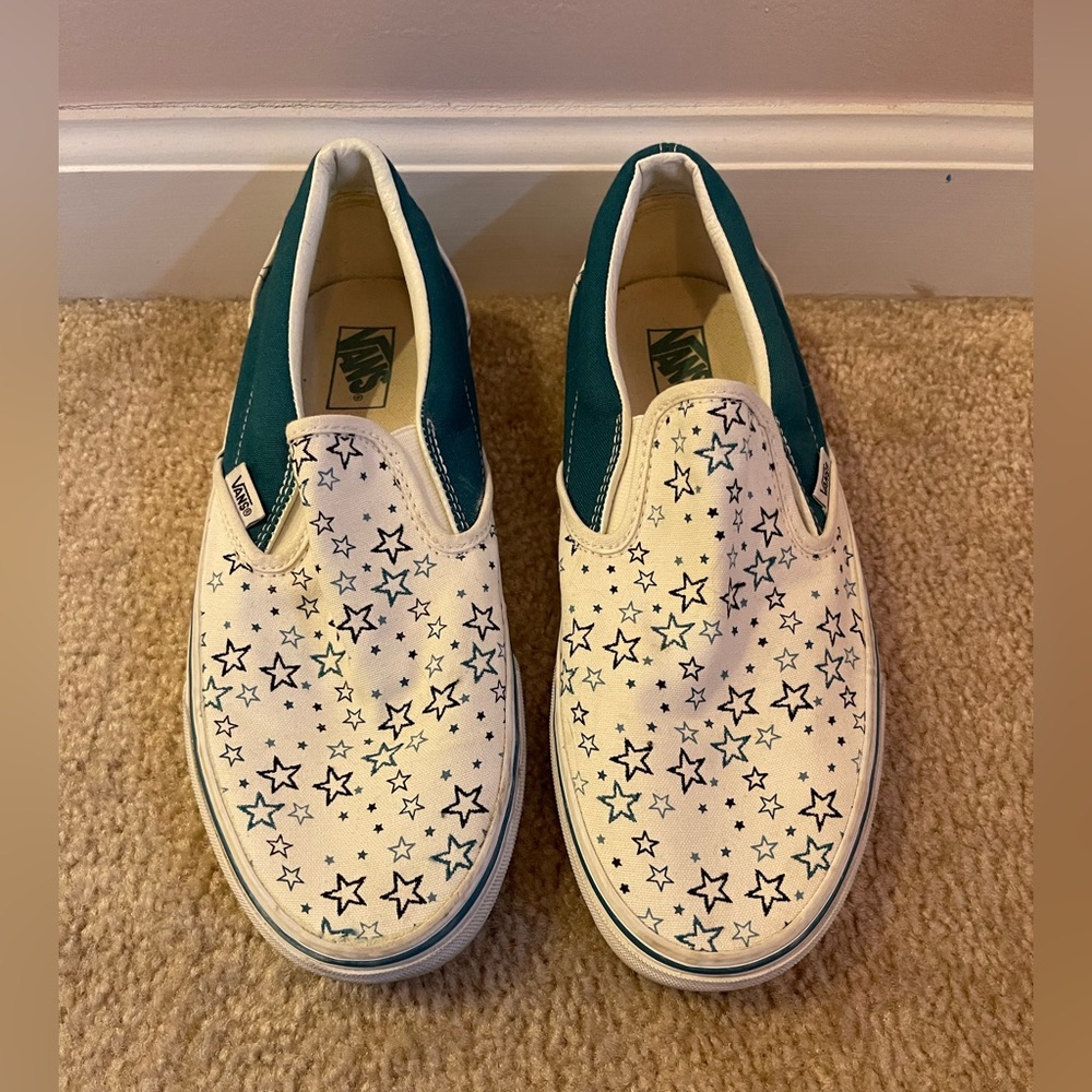 Vans Teal and White Star Slip-ons. Size 10.